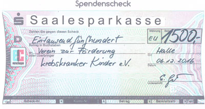 Spendenscheck über 1500 Euro für den Verein zur Förderung krebskranker Kinder e.V. in Kröllwitz (Halle Saale)